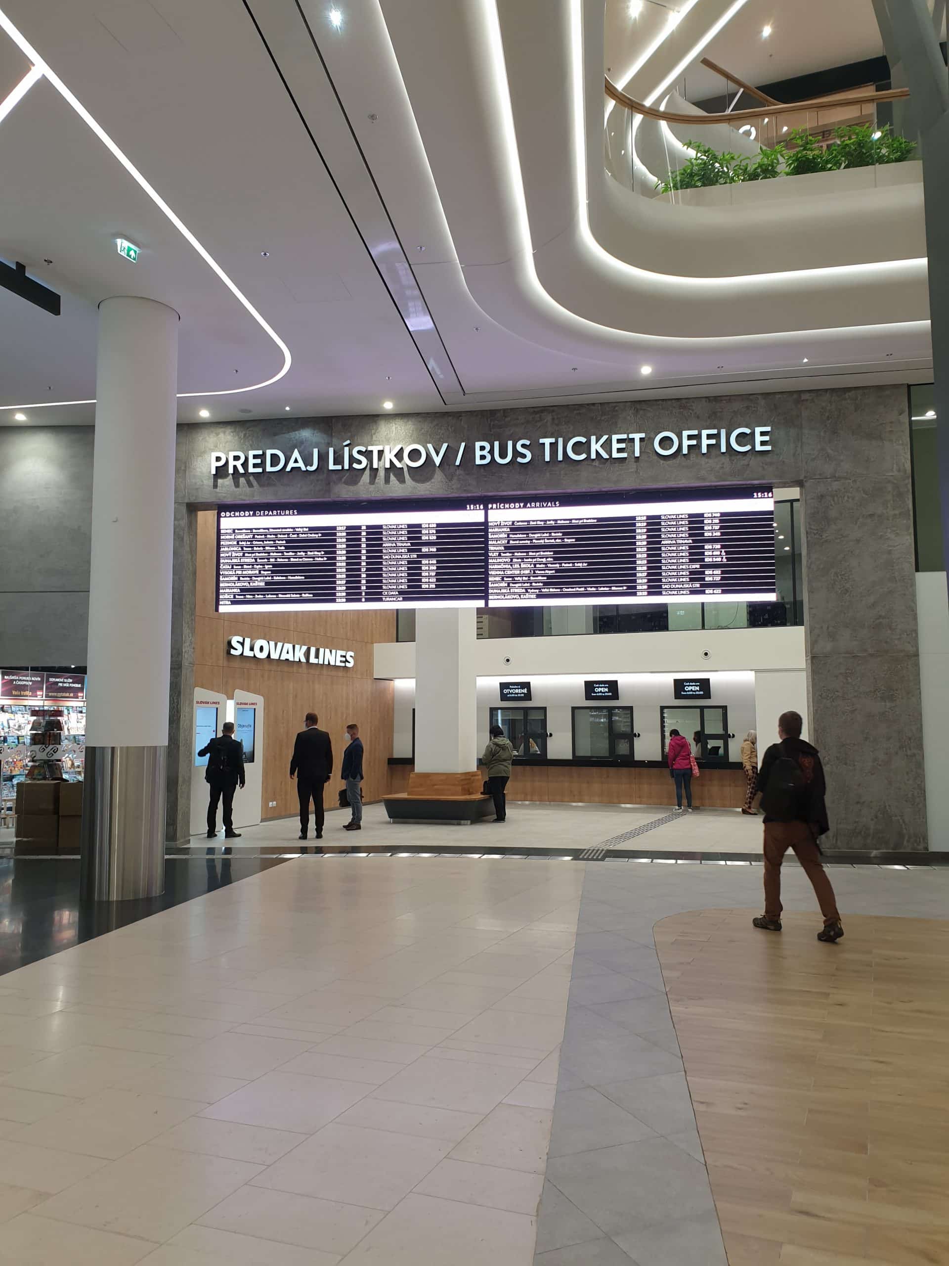 A led Wall on top of the ticket office combined with screens on desk informing if cashier is free or busy.