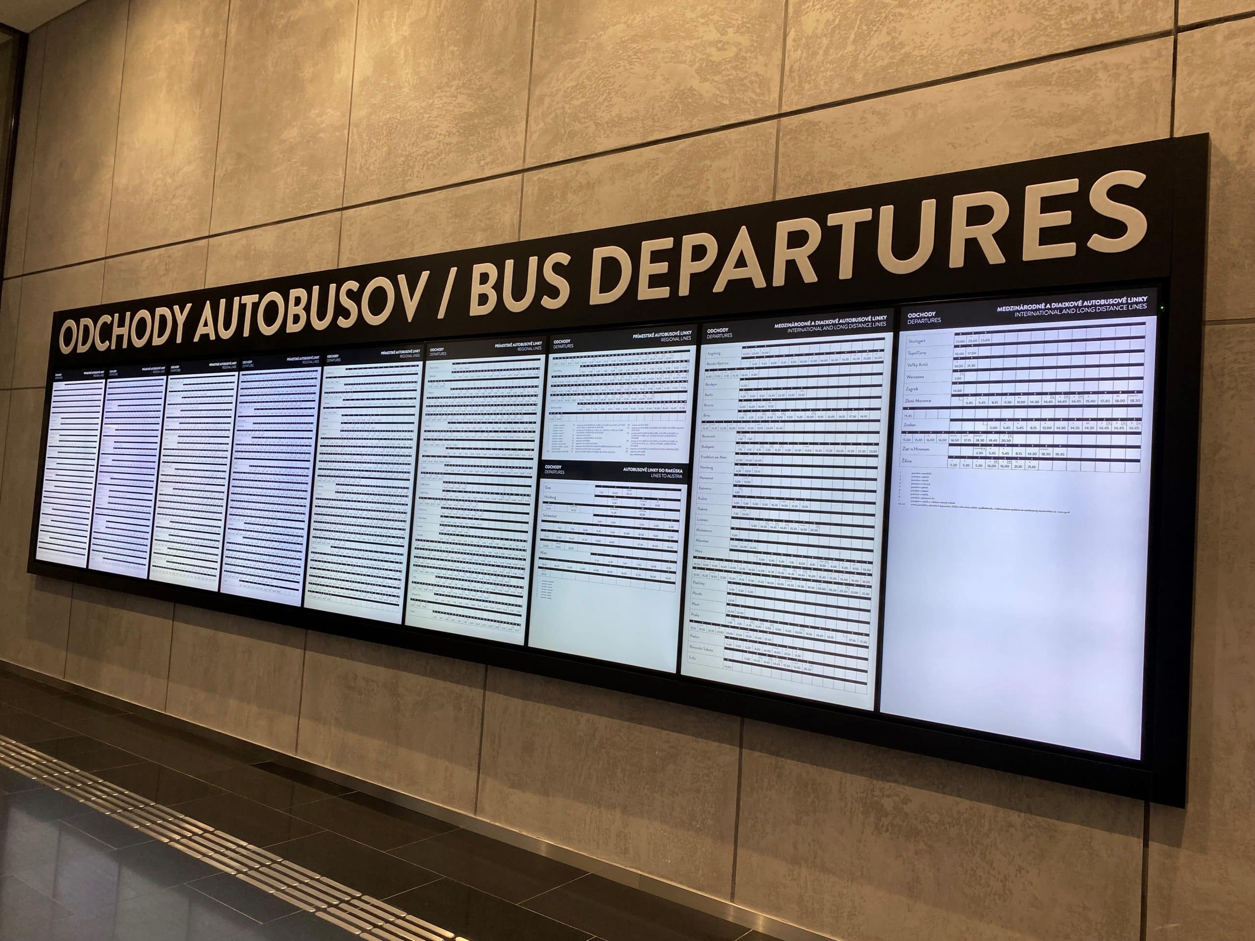 Wall of screen for departures and arrivals information