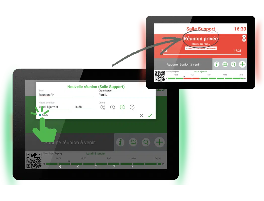 Système de privatisation d'une réunion sur tablette de réservation de salle