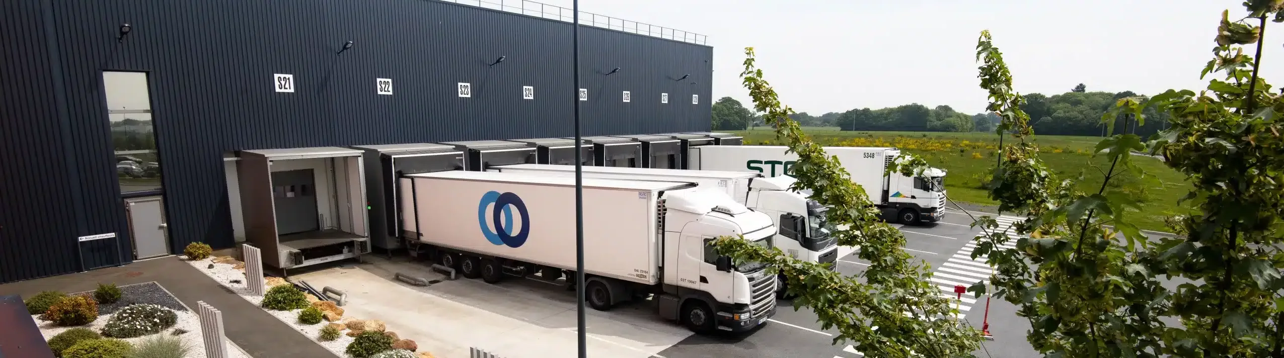 Camions sur des quais de chargement d'une plateforme logistique