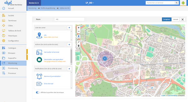 Interface du menu geofencing d'un solution MDM